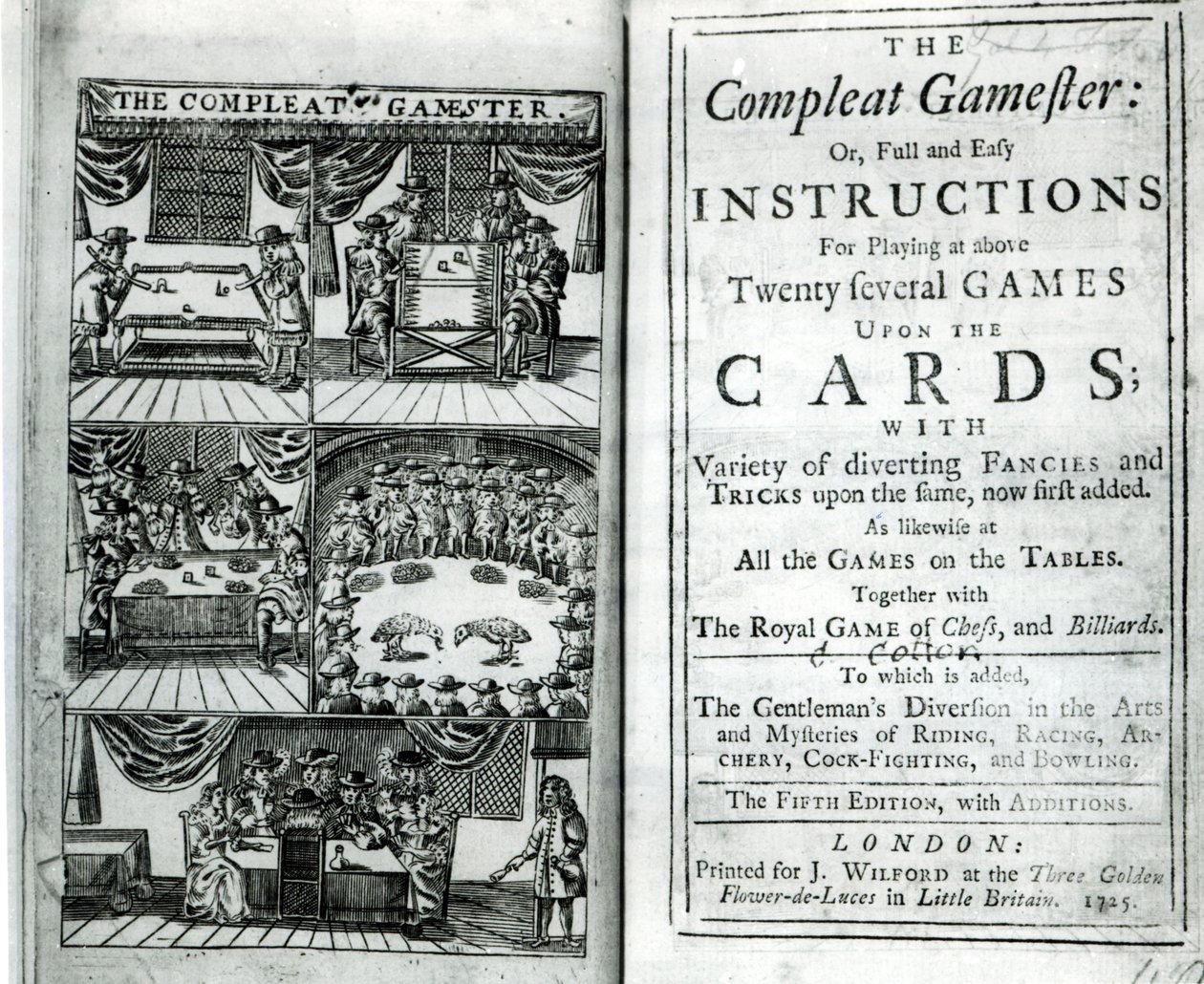 Pagina del titolo della quinta edizione di The Compleat Gamester, attribuita a Charles Cotton, pub. 1725 da English School