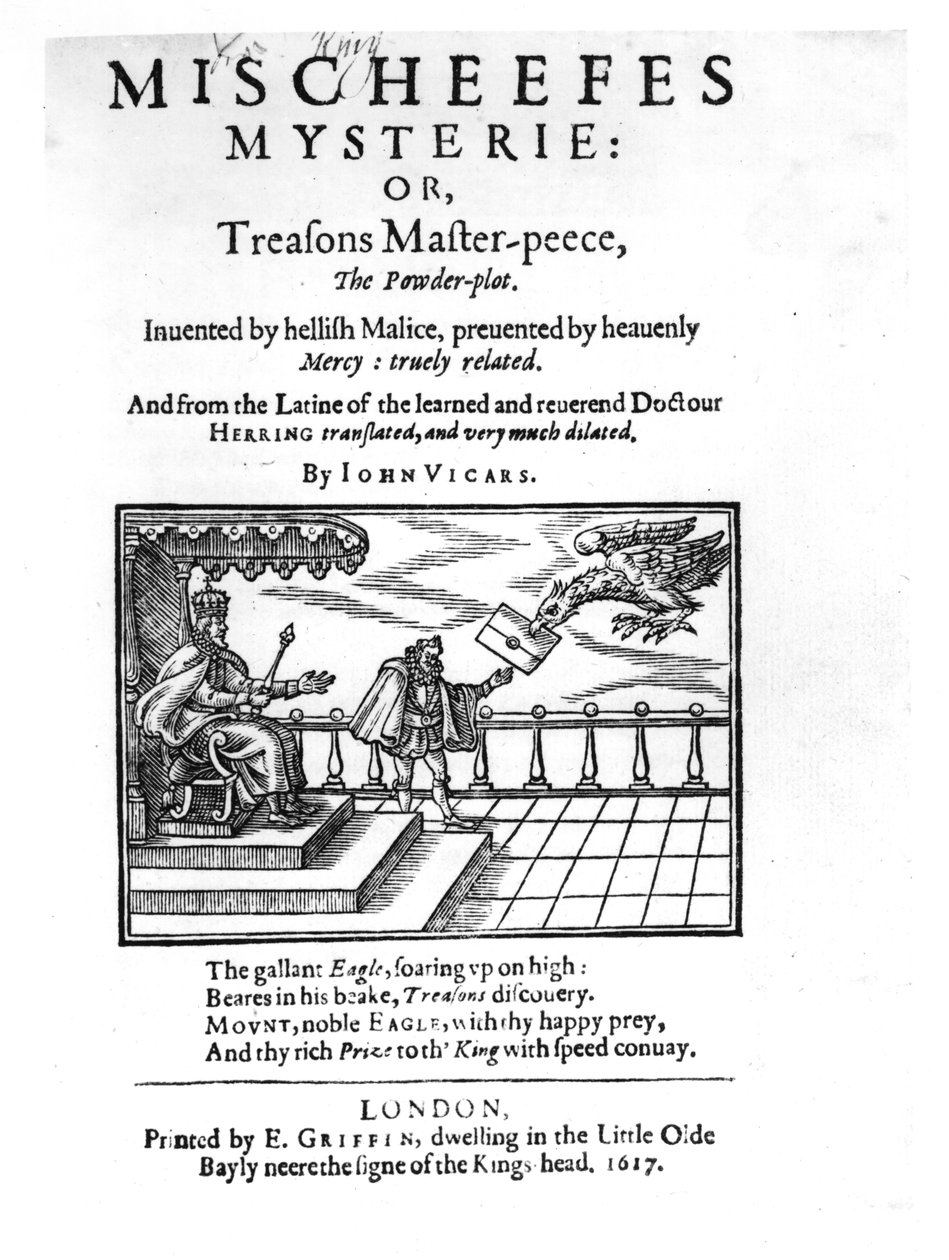 Pagina del titolo di Mischeefes Mysterie o Treasons Master-peece, il complotto della polvere, di John Vickers, 1617 da English School