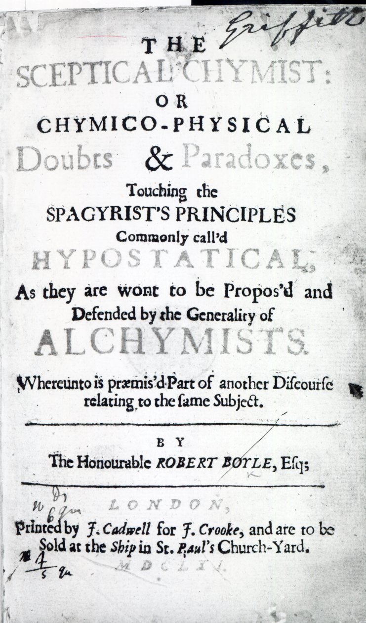 Pagina del titolo di The Sceptical Chymist di Robert Boyle, 1661 da English School