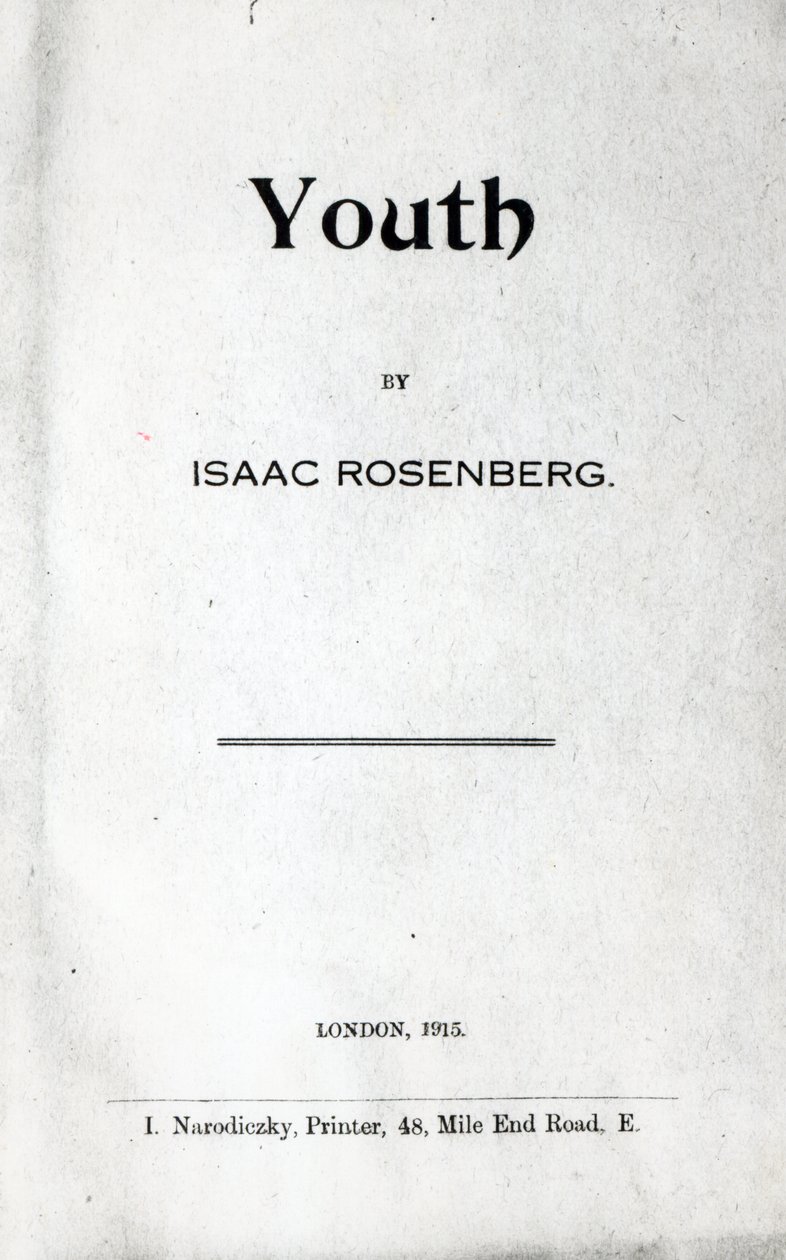 Pagina del titolo di Youth, una raccolta di poesie di Isaac Rosenberg, prima edizione 1915 da English School