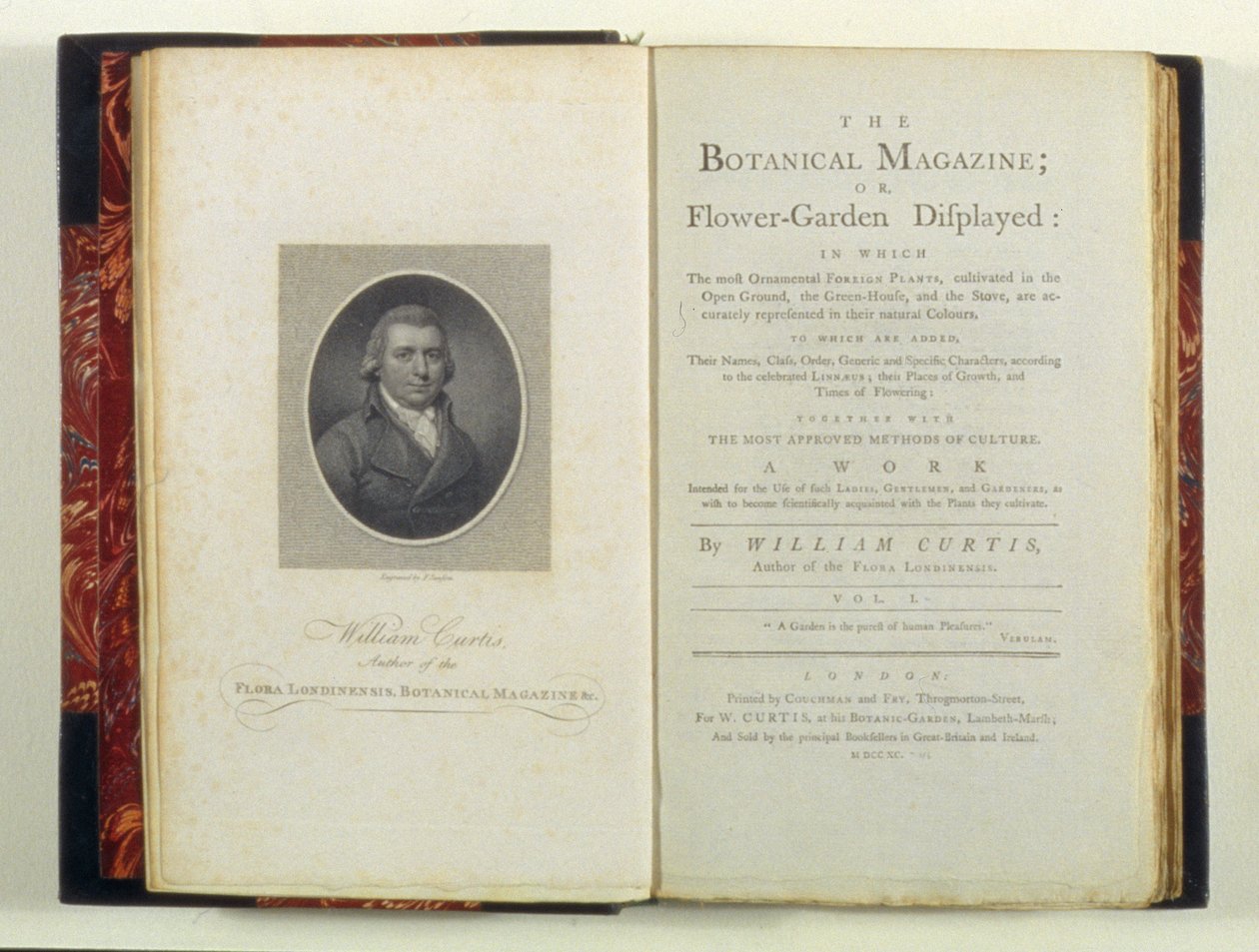Pagina del titolo con ritratto di William Curtis (1749-99), da The Botanical Magazine or Flower-Garden Displayed, di William Curtis, pubblicato 1790 da English School