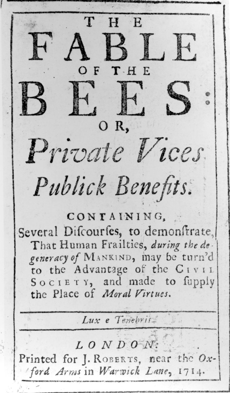 Pagina del titolo di The Fable of the Bees di Bernard de Mandeville, 1714 da English School