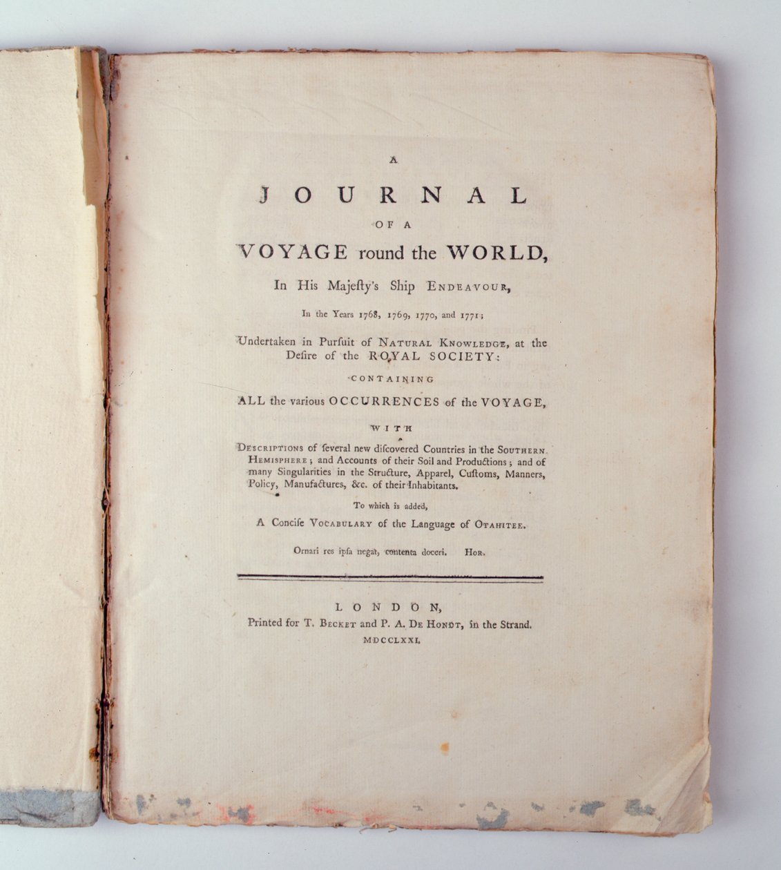 Frontespizio di Un Diario di un Viaggio Intorno al Mondo sulla Nave di Sua Maestà Endeavour negli Anni 1768, 1769, 1770 e 1771, pubblicato a Londra, 1771 da English School