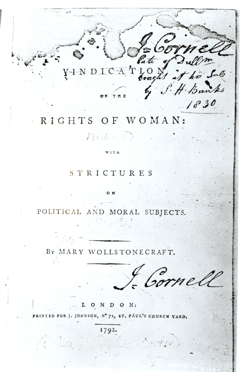 Pagina del titolo di Vindication of the Rights of Woman di Mary Wollstonecraft, pubblicato nel 1792 da English School