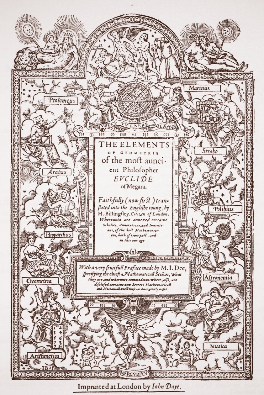 Frontespizio della prima traduzione degli Elementi di Euclide, stampata da John Day, Londra, 1570-71 da English School