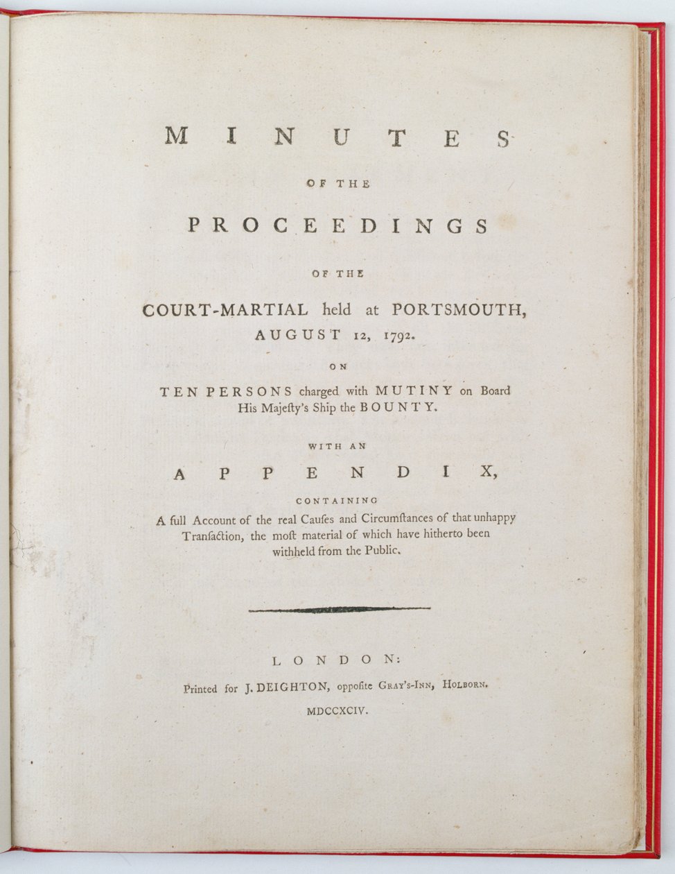 Frontespizio dei Verbali del processo della corte marziale tenutosi a Portsmouth, 12 agosto 1792, pubblicato a Londra, 1794 da English School
