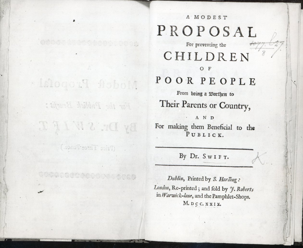 Pagina del titolo di Una modesta proposta di Jonathan Swift, pubblicata nel 1729 da English School