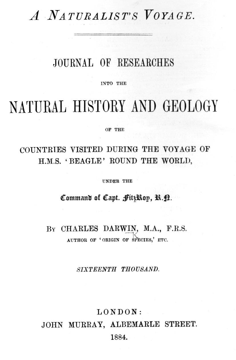 Pagina del titolo di A Naturalists Voyage Around the World di Charles Darwin, edizione pubblicata nel 1884 da English School