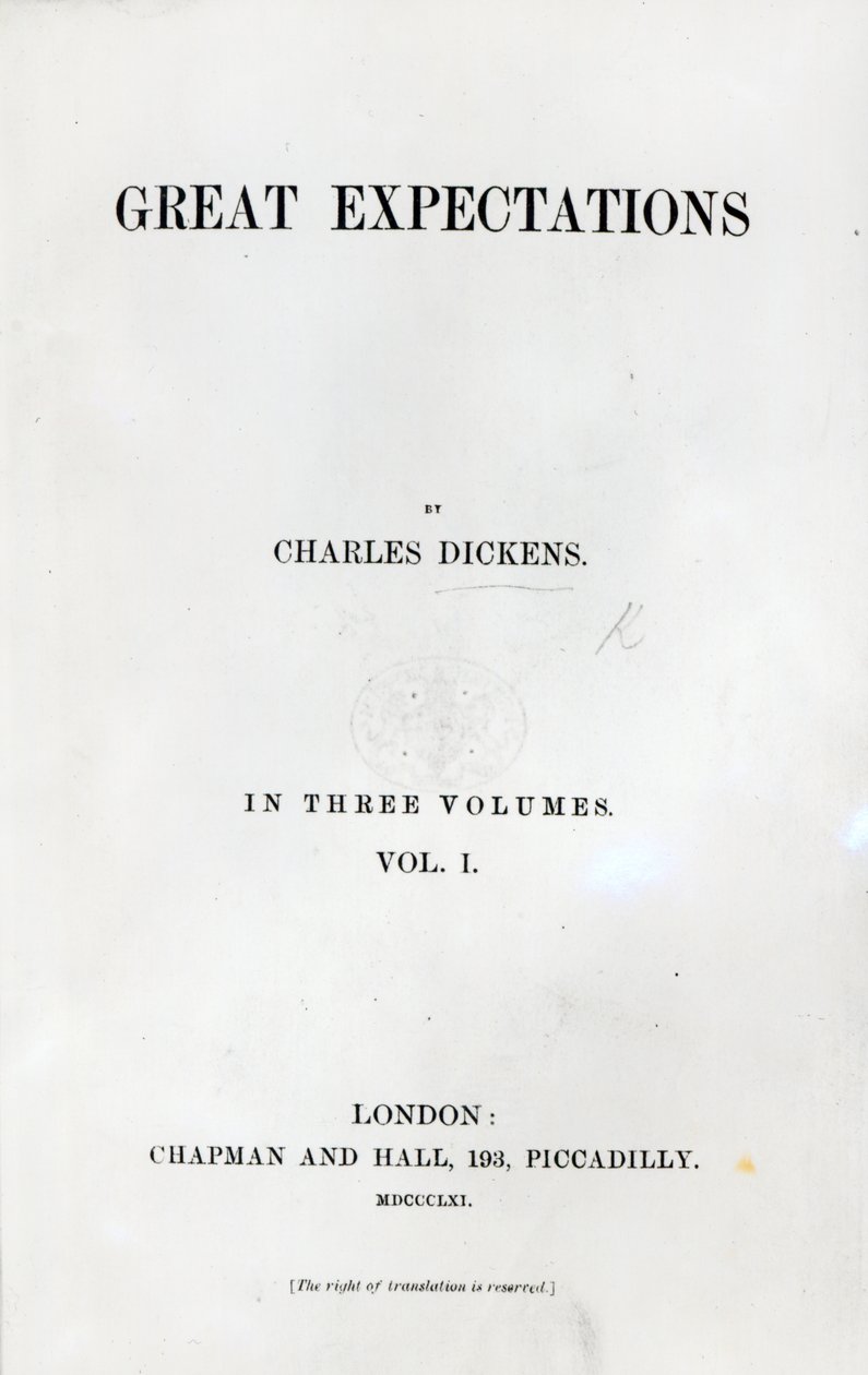Pagina del titolo di Grandi Speranze di Charles Dickens, prima edizione, 1861 da English School
