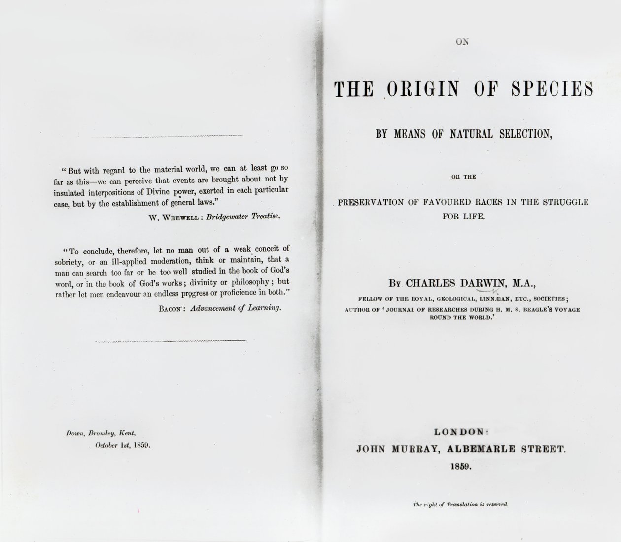 Pagina del titolo di On the Origin of Species di Charles Darwin, pubblicato nel 1859 da English School