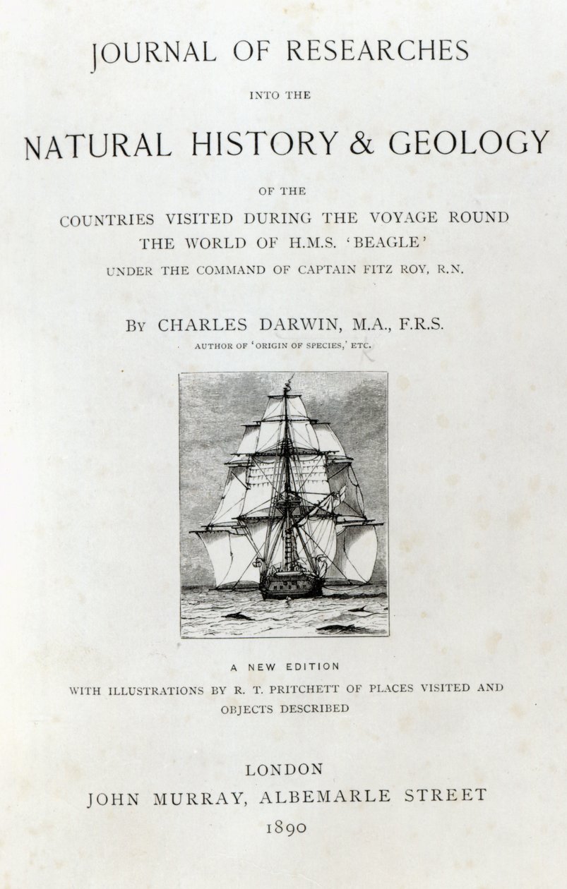 Pagina del titolo di The Voyage of the Beagle di Charles Darwin, edizione pubblicata nel 1890 da English School