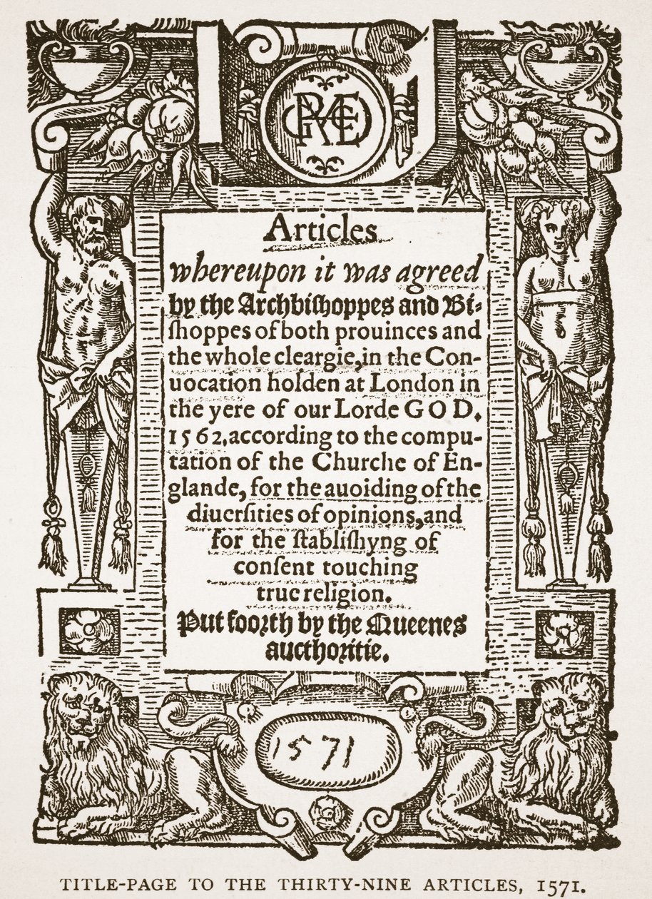 Pagina del titolo dei Trentanove Articoli, 1571, illustrazione da The Church of England: A History for the People di H.D.M. Spence-Jones da English School