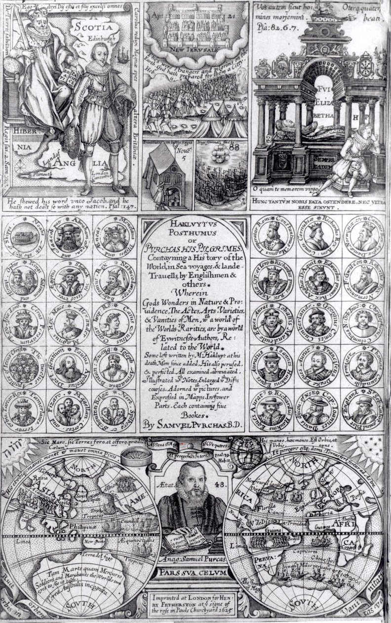 Pagina del titolo della prima edizione di Hakluytus Posthumus o Purchas His Pilgrimes, pubblicato nel 1625 da English School