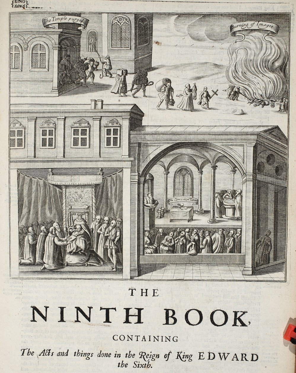 Pagina del titolo del nono libro, illustrazione da Atti e Monumenti di John Foxe, nona edizione, pub. 1684 da English School