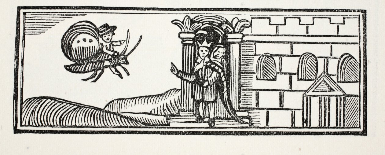 Tom si nascose e cercò di scappare sulla schiena di una farfalla, illustrazione da Chap-books del XVIII secolo di John Ashton, pub. 1882 da English School