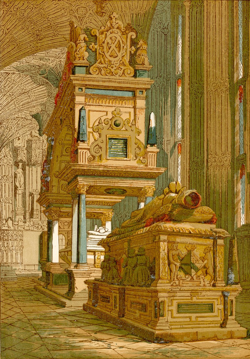 Tomba di Maria Regina di Scozia, Abbazia di Westminster (incisione a colori) da English School