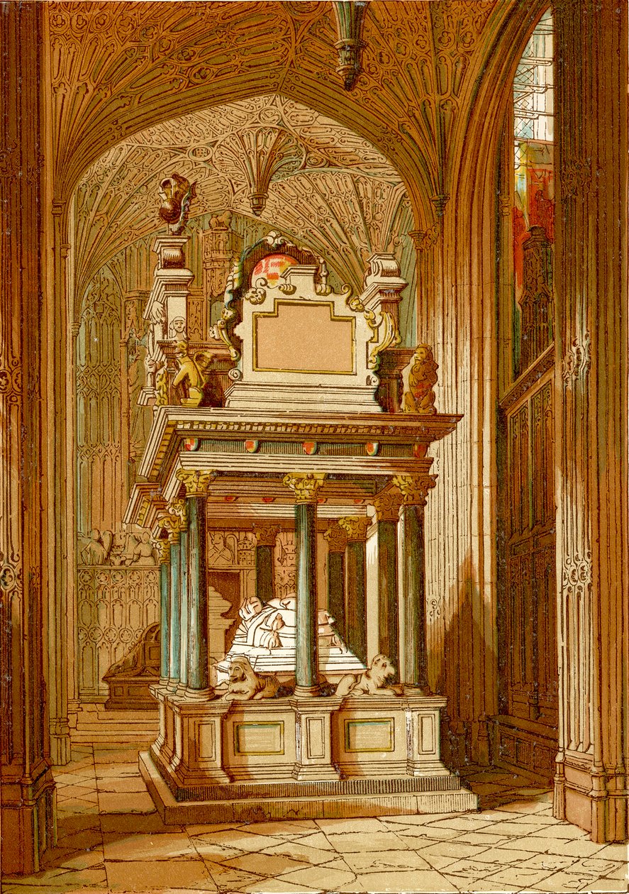 Tomba della Regina Elisabetta, Abbazia di Westminster (incisione a colori) da English School