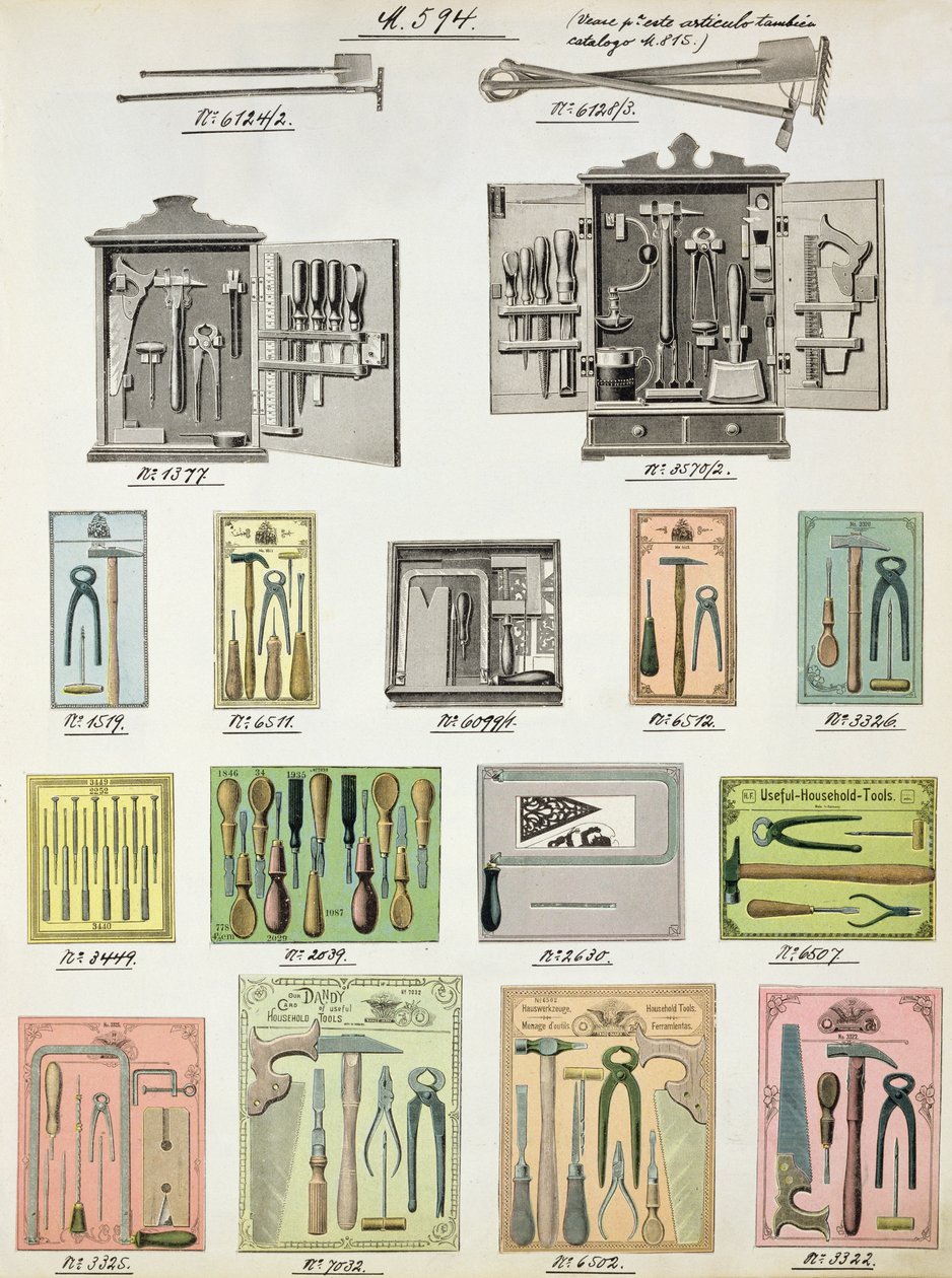 Strumenti e cassette degli attrezzi da un catalogo commerciale di beni domestici e accessori, c.1890-1910 da English School