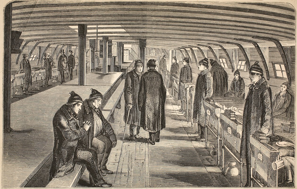 Ponte superiore della nave ospedale Unite, attaccata alle navi a Woolwich, illustrazione da The Criminal Prisons of London and Scenes from Prison Life di Henry Mayhew e John Binny, pub. 1862 da English School