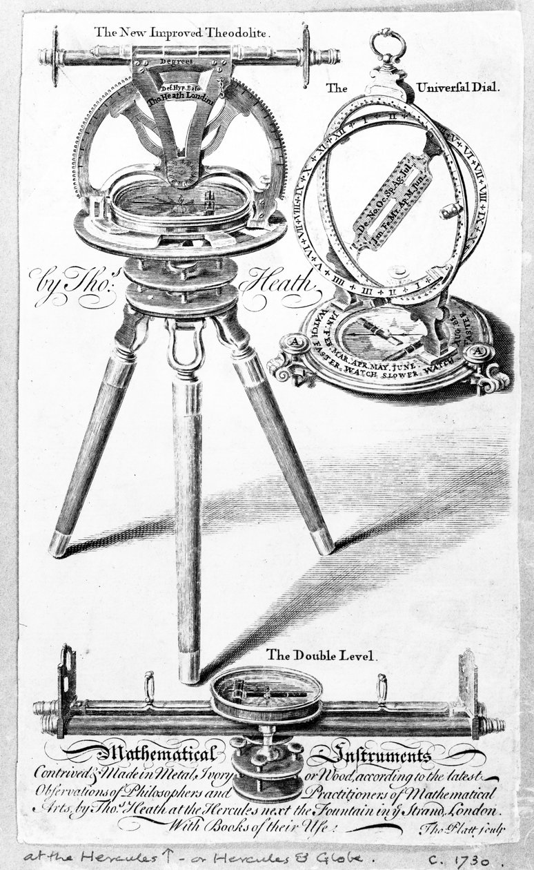 Carta commerciale per Thomas Heath, produttore di strumenti matematici, stampa realizzata da Thomas Platt, c.1730 da English School