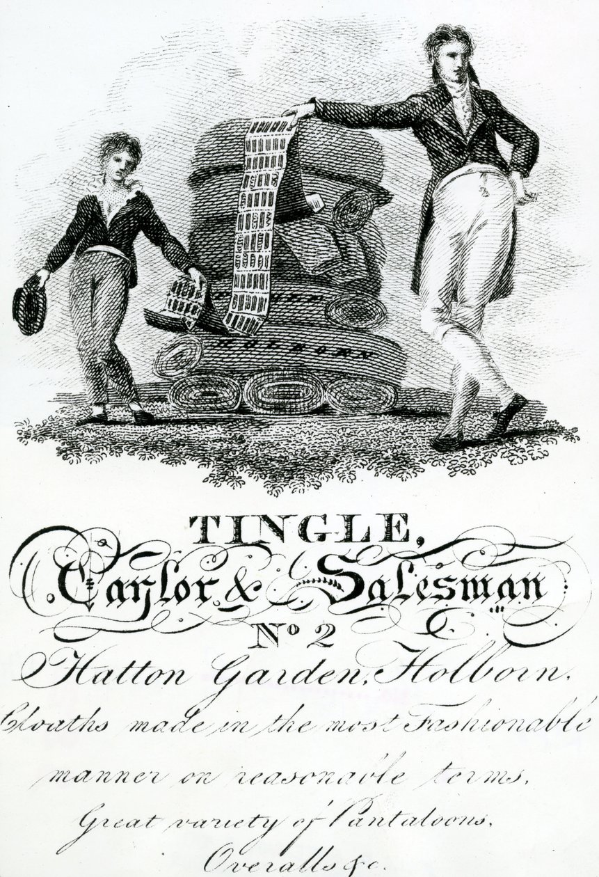 Biglietto da visita per Tingle, Taylor e Salesman, No 2 Hatton Garden, Holborn (incisione) da English School