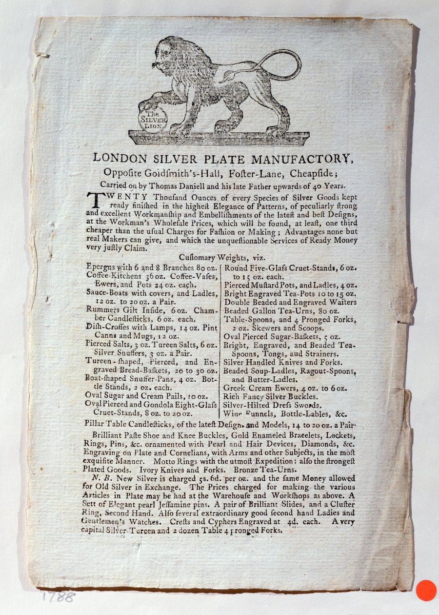 Biglietto da visita per la London Silver Plate Manufactory, 1788 da English School