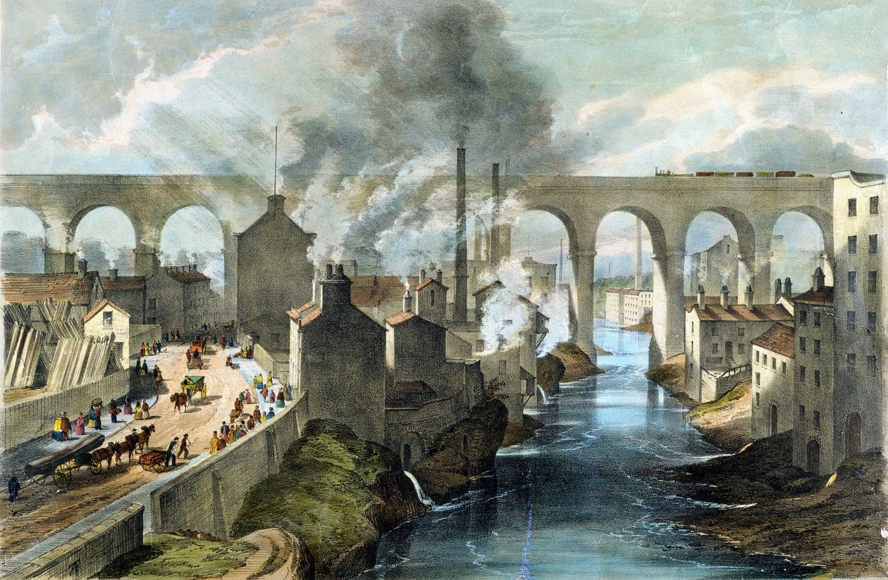 Treno che attraversa il viadotto di Stockport sulla London  North Western Railway, 1845 circa (litografia a colori) da English School
