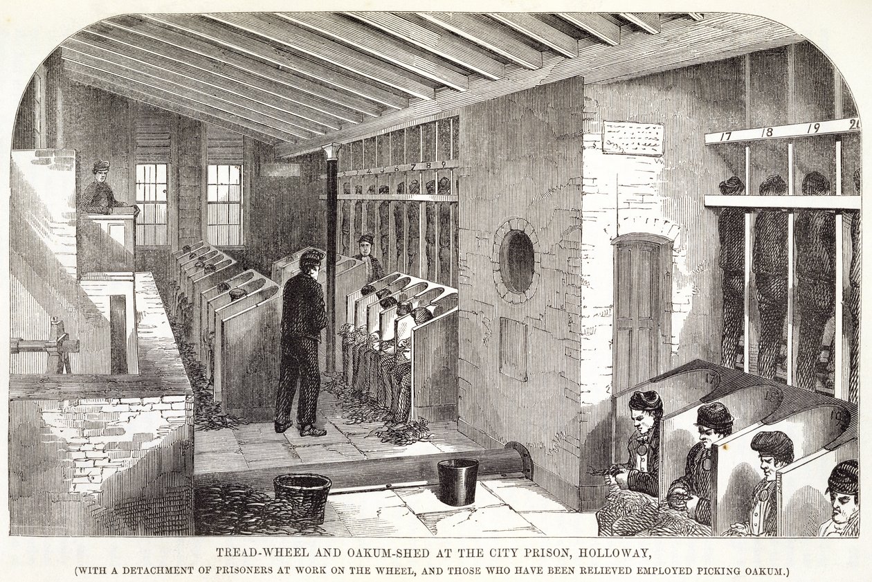Ruota da calpestio e capannone di Oakum alla prigione della città, Holloway, da The Criminal Prisons of London and Scenes of Prison Life di Henry Mayhew e John Binny, 1862 da English School