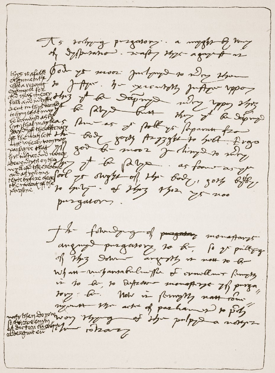 Trattato di Latimer scritto di suo pugno, contestando la Dottrina della Transustanziazione, con note marginali scritte da Enrico VIII, da The Church of England: A History for the People di H.D.M. Spence-Jones da English School