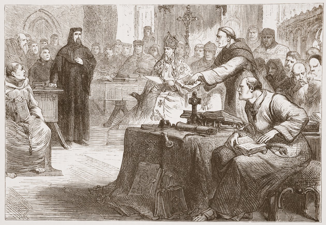 Processo di Wicliffe, illustrazione da La storia del protestantesimo di James Aitken Wylie (1808-1890), pub. 1878 da English School