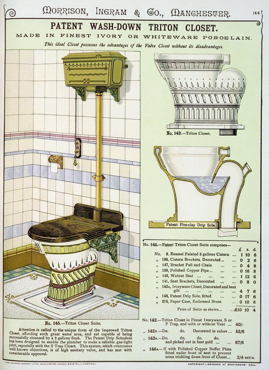 Triton Closet da un catalogo di articoli sanitari prodotti da Morrison, Ingram & Co., Manchester, pubblicato c.1890 da English School