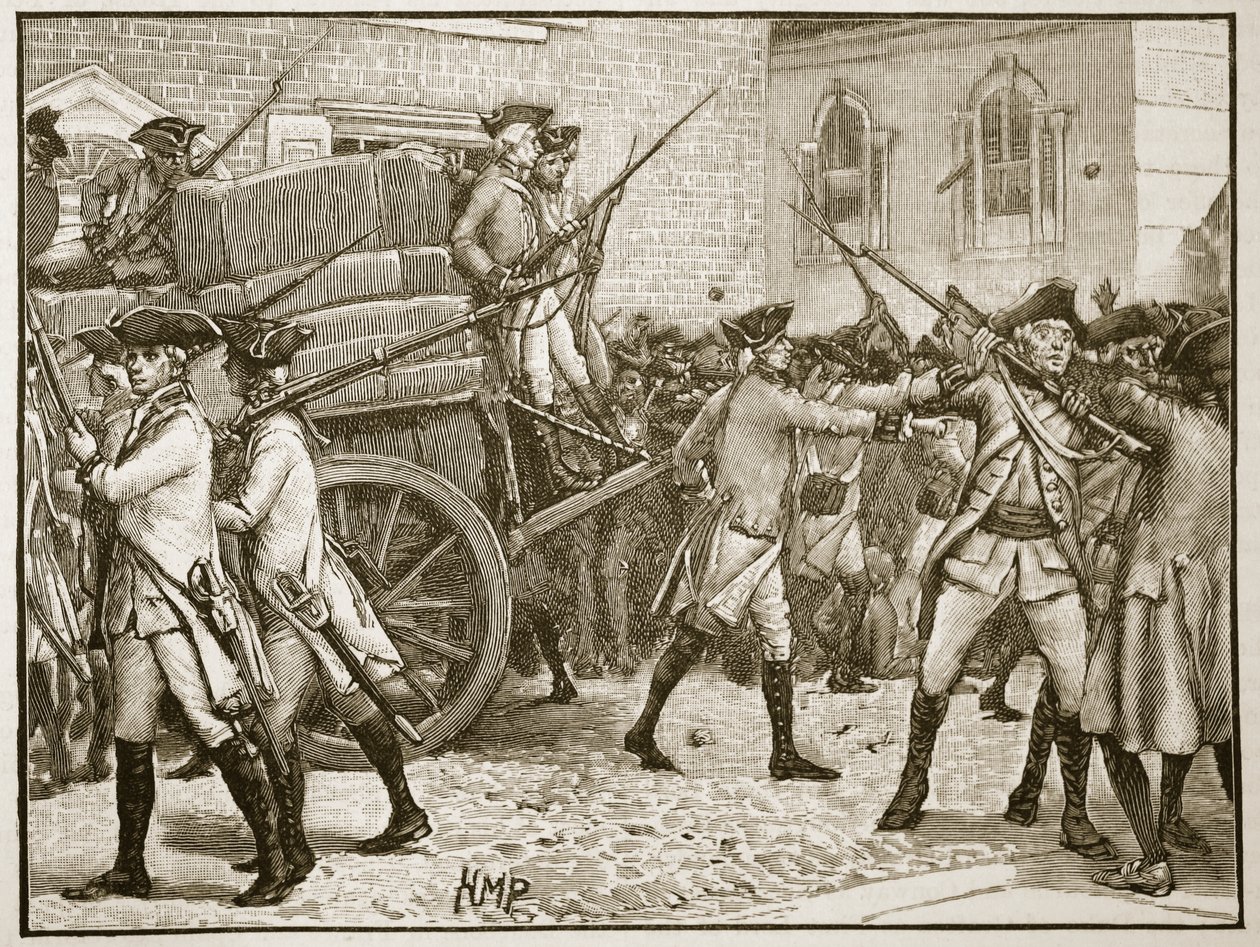 Truppe scortano la carta stampata al Municipio di New York, 1766, illustrazione da Cassells Illustrated History of England da English School