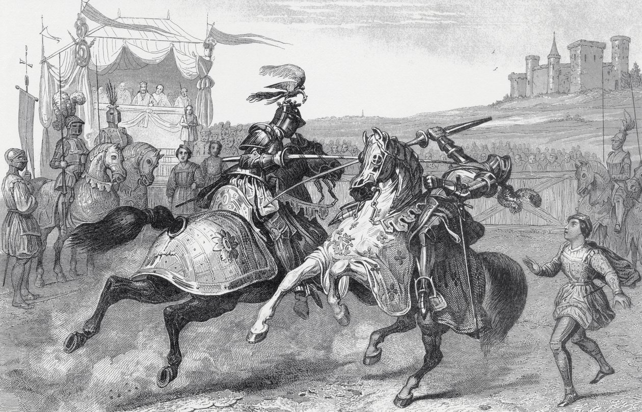 Due cavalieri che giostrano in un torneo in Germania da English School