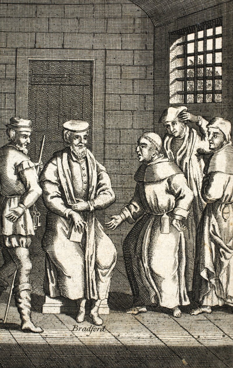 Due frati spagnoli che parlano con Mr Bradford, illustrazione da Foxes Martyrs c.1703 da English School