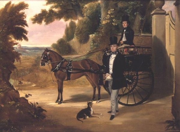 Due gentiluomini con la loro trappola in un paesaggio boscoso da English School