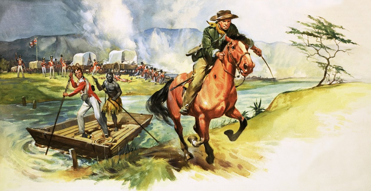 Cowboy non identificato che si allontana dal fiume con soldati inglesi sotto attacco sulla riva opposta da English School