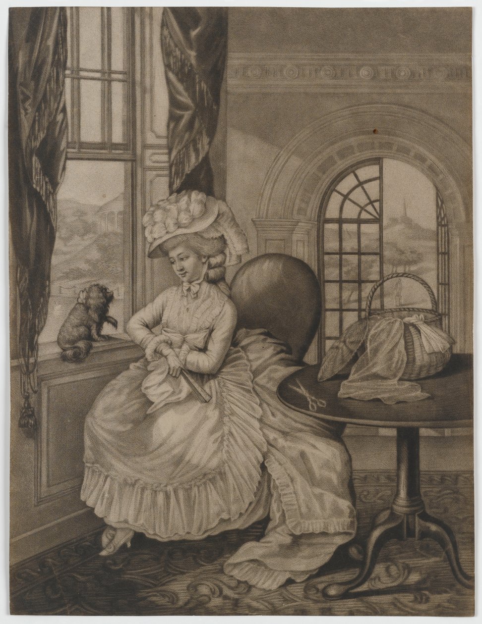 Senza titolo (donna seduta a una finestra che guarda un piccolo cane), c.1780 da English School