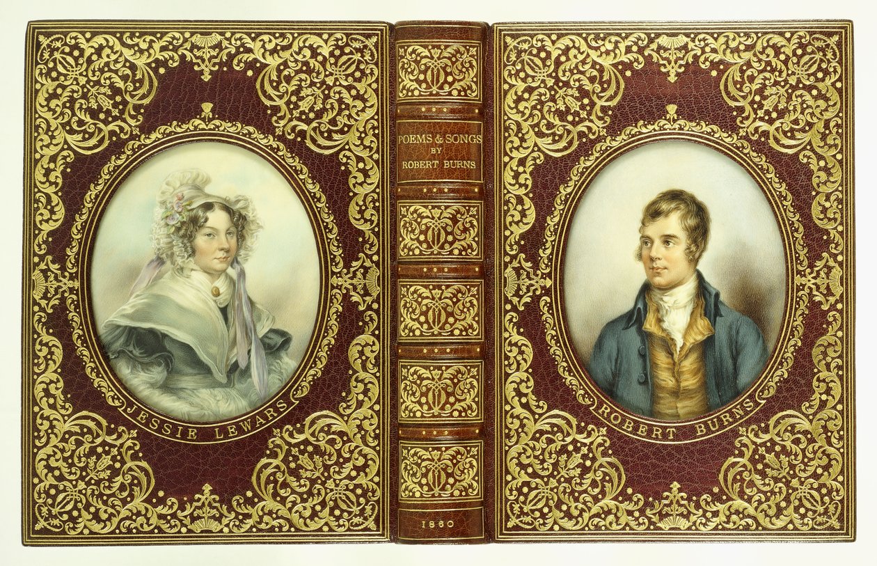 Copertine superiore e inferiore, e dorso, con ritratti ovali di Robert Burns e Jessie Lewars da English School