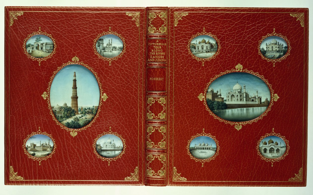 Copertine superiore e inferiore, dieci miniature ovali di Moschee, con bordi dorati da English School
