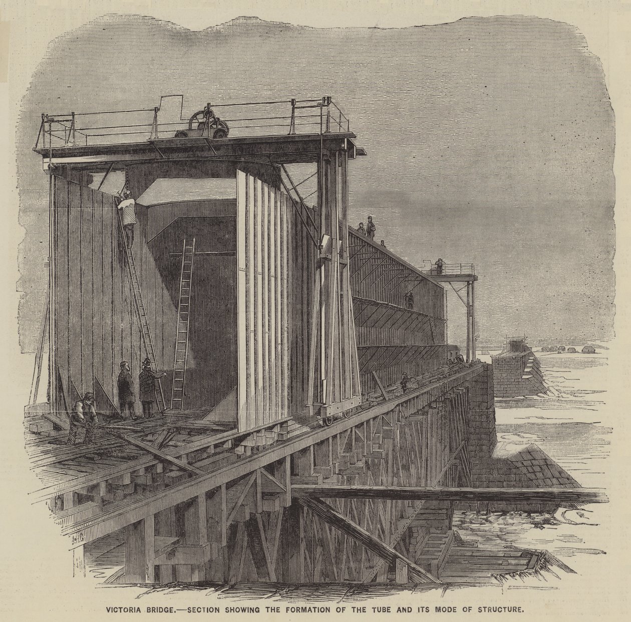 Victoria Bridge, sezione che mostra la formazione del tubo e il suo modo di strutturare (incisione) da English School
