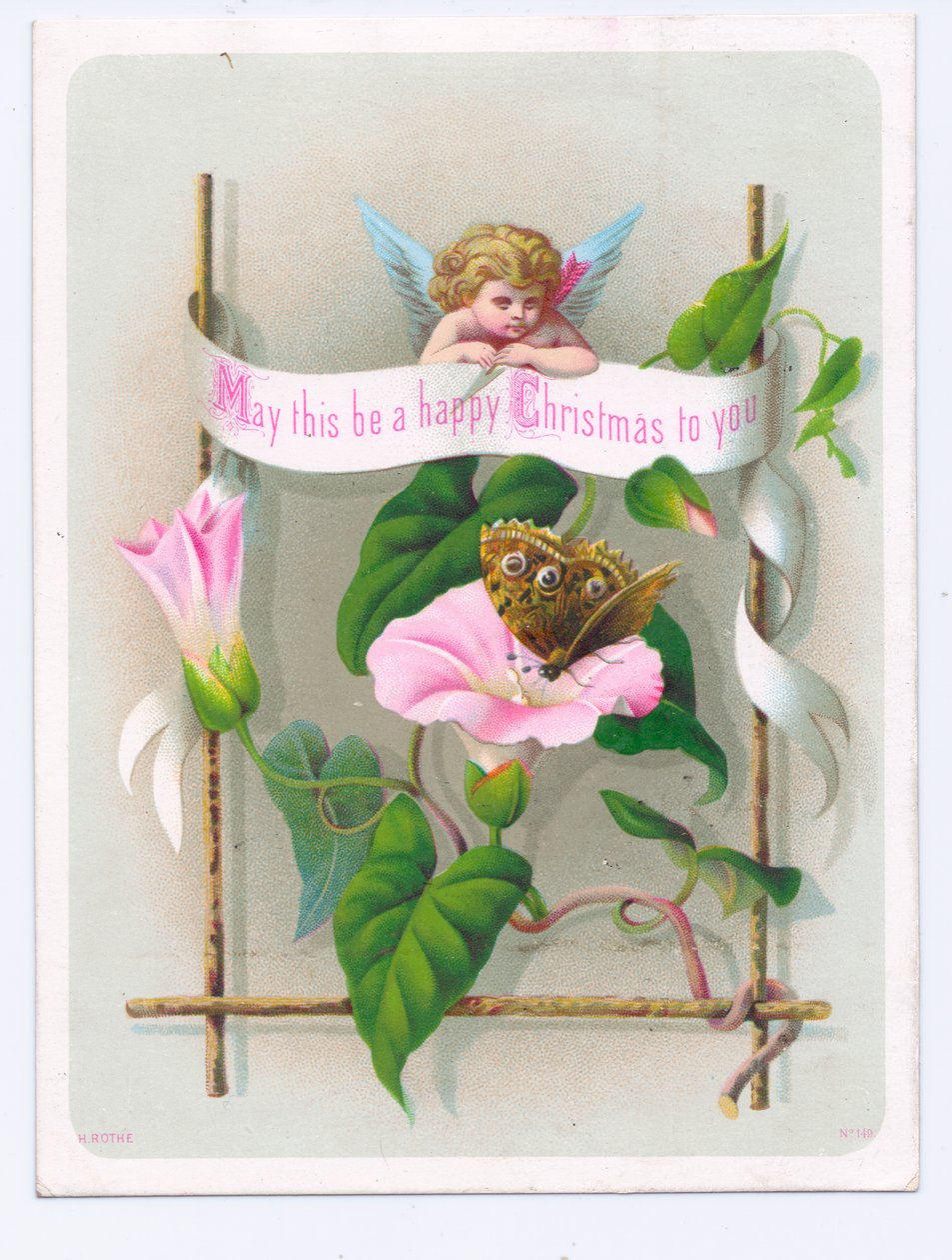 Biglietto di Natale vittoriano raffigurante un amorino che osserva una farfalla su un fiore rosa, 1880 circa (litografia a colori) da English School