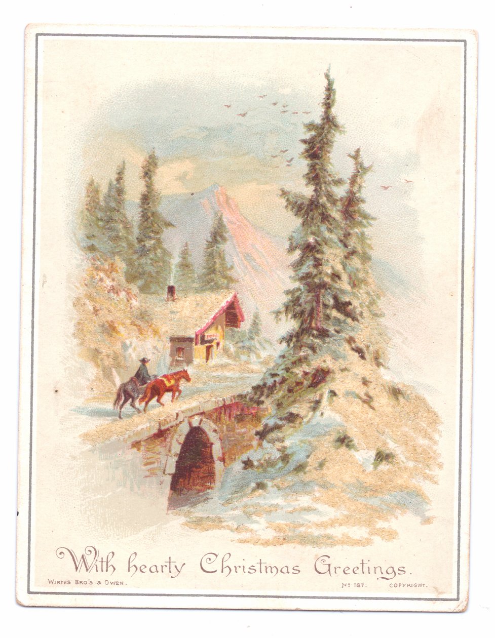 Cartolina natalizia vittoriana con un uomo e due cavalli che attraversano un ponte, c.1880 da English School