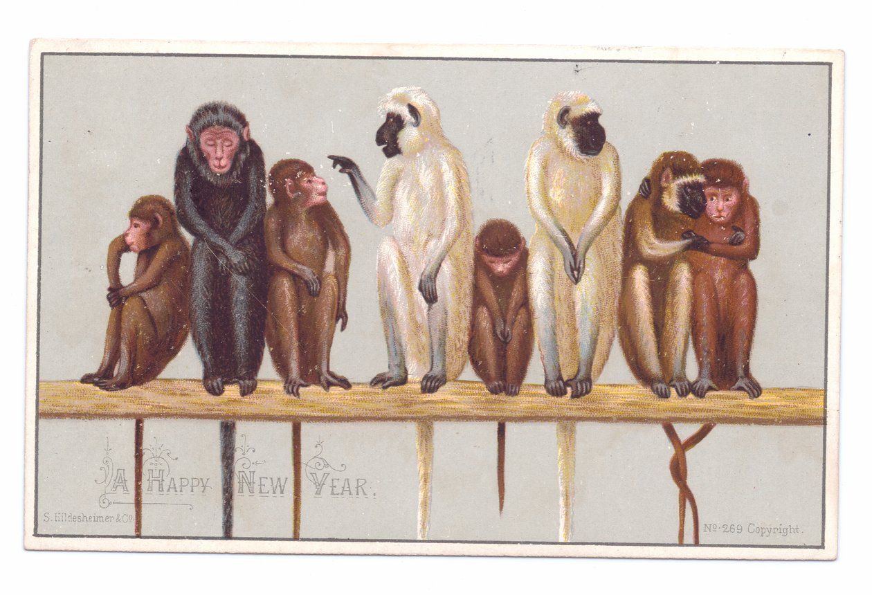 Cartolina di Capodanno vittoriana con otto scimmie su una sporgenza, c.1880 da English School
