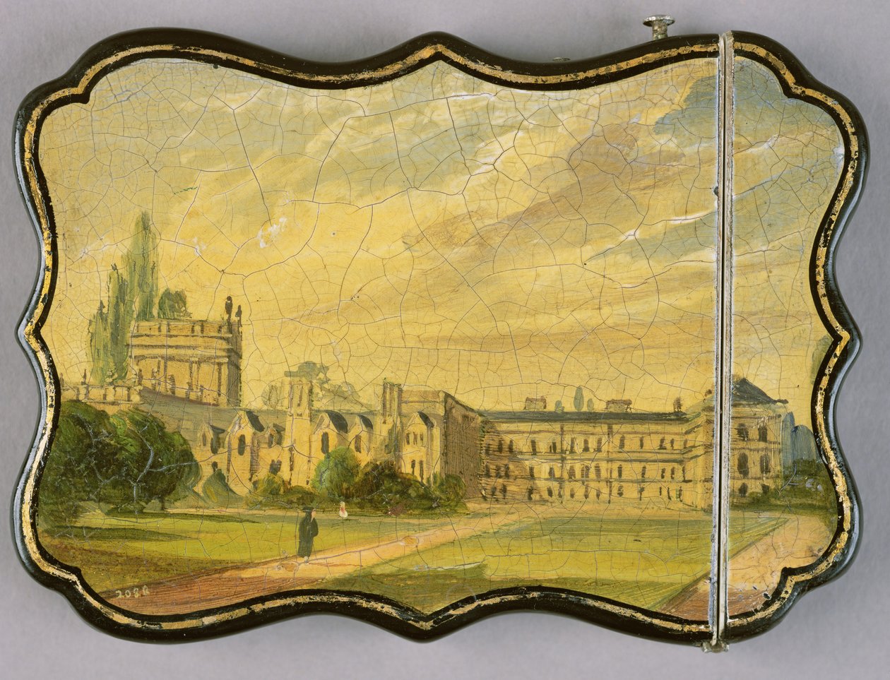 Porta carte vittoriano, con una scena dei giardini del Trinity College, Oxford da English School