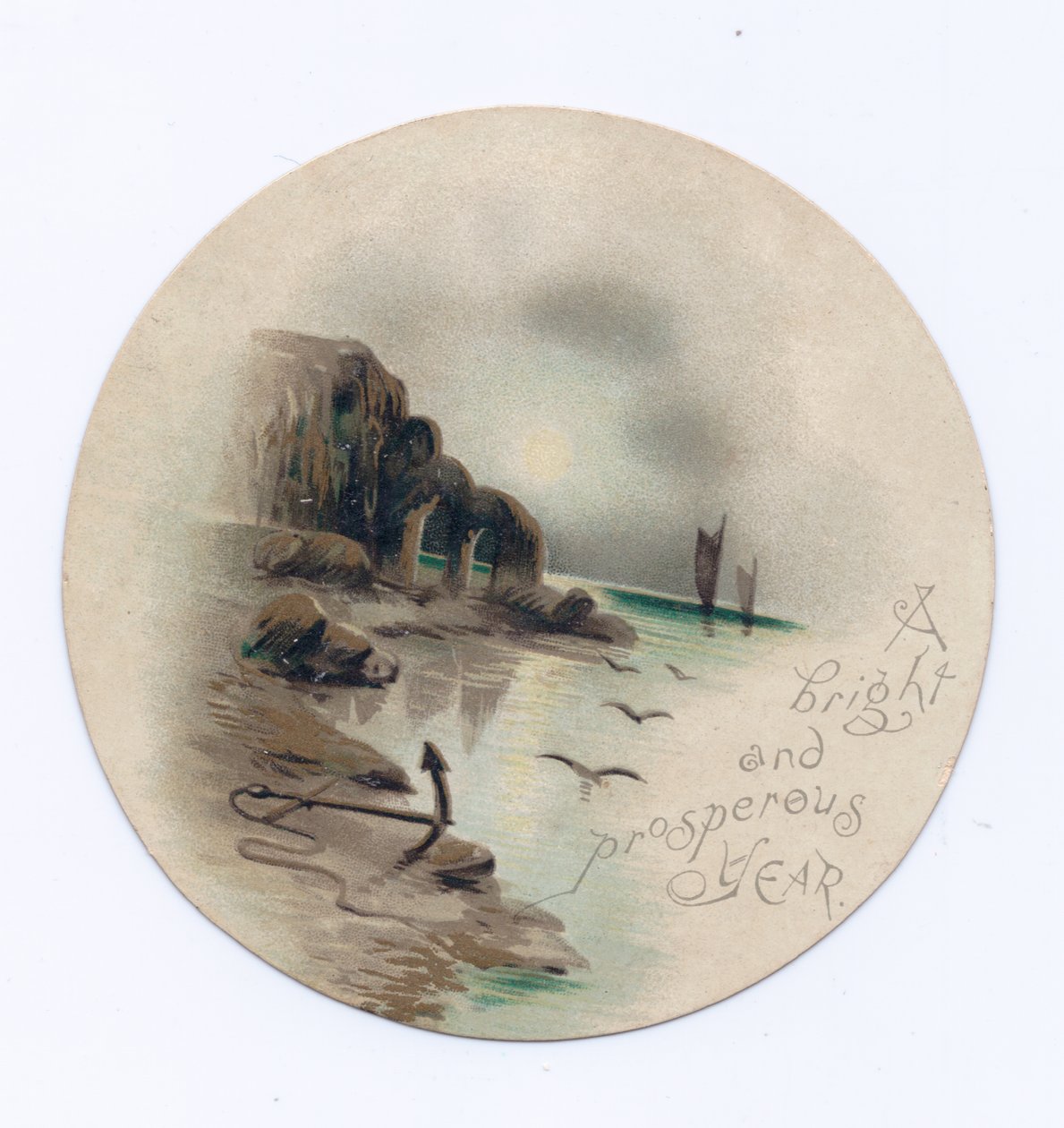 Cartolina circolare vittoriana di Capodanno con un paesaggio marino e due yacht in una notte di luna, c.1880 da English School