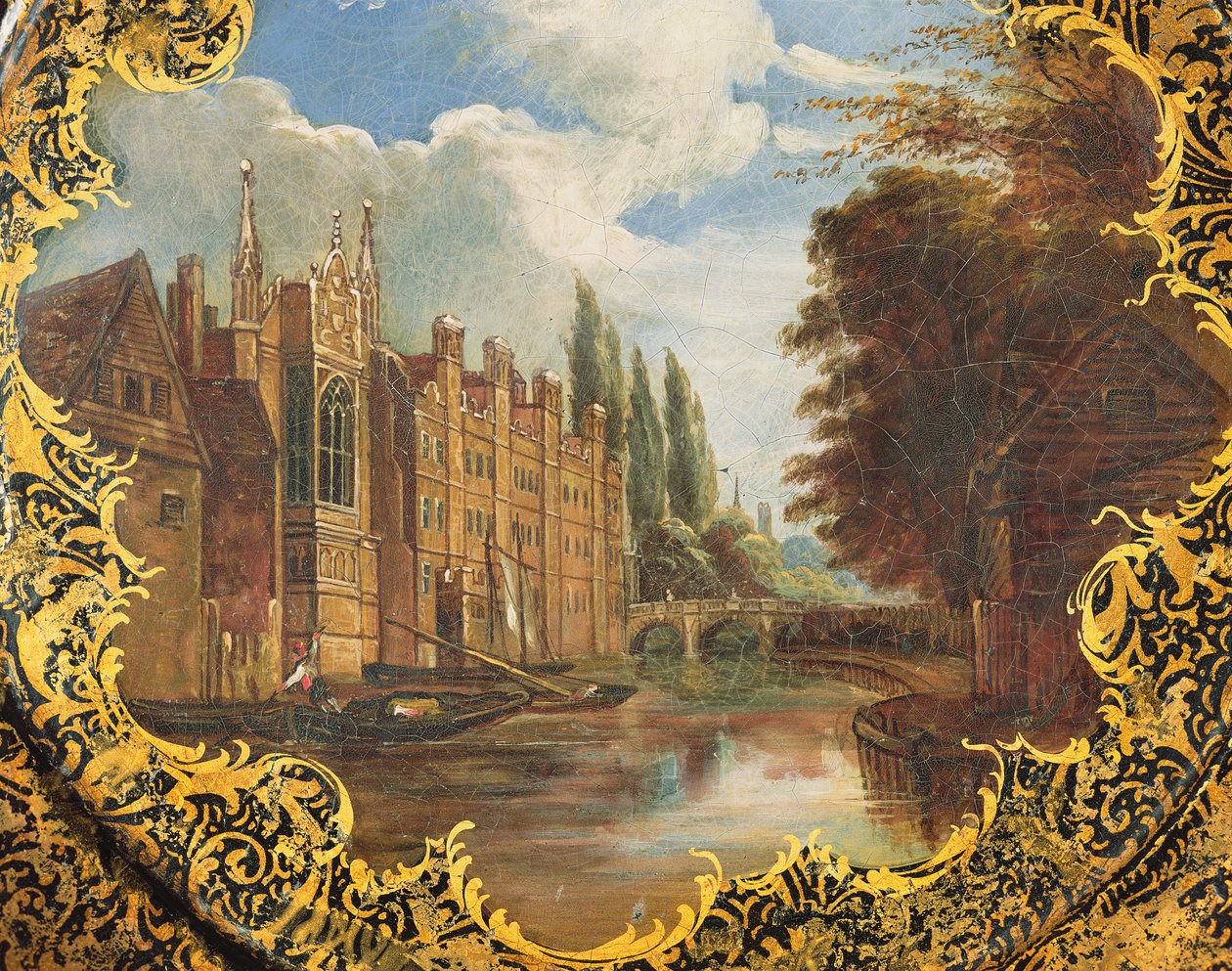 Piatto vittoriano decorato con una scena del St. Johns College, Cambridge, Third Court e il suo ponte da English School