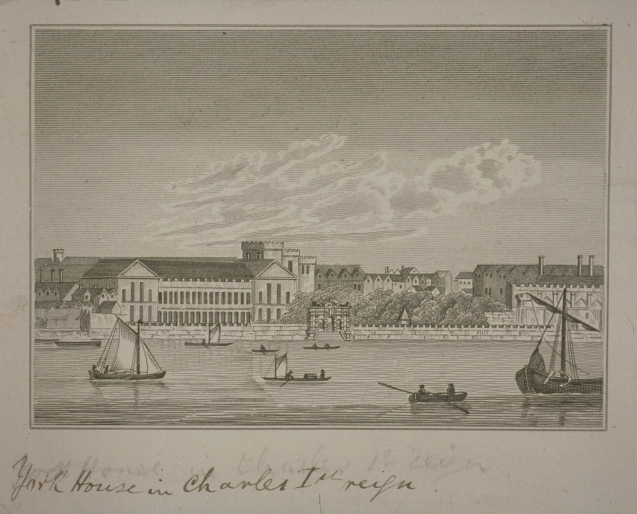 Vista a nord attraverso il fiume Tamigi, verso York House e York Buildings da English School