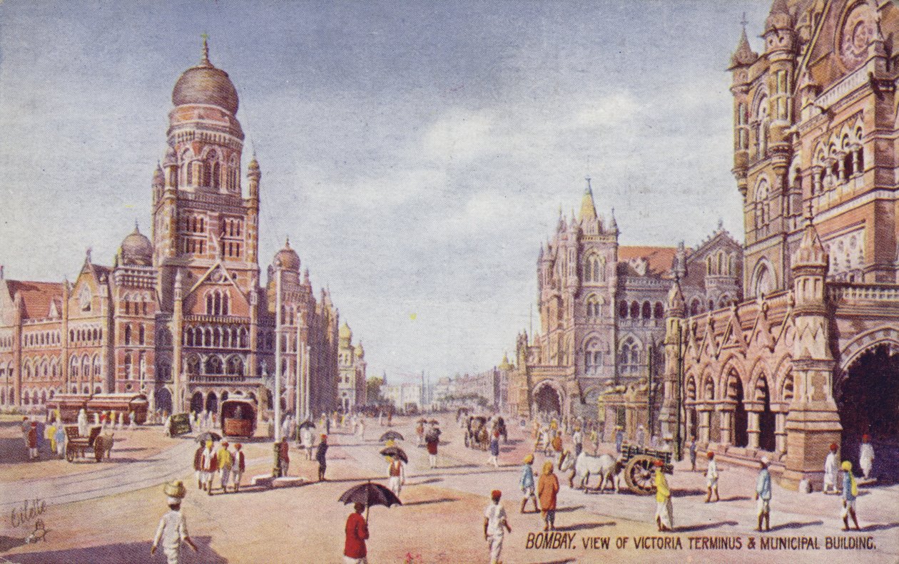 Veduta del Victoria Terminus e del Municipal Building, Bombay (litografia a colori) da English School