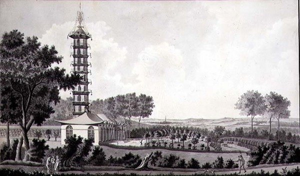 Veduta di un giardino olandese con una pagoda cinese, c.1770 da English School