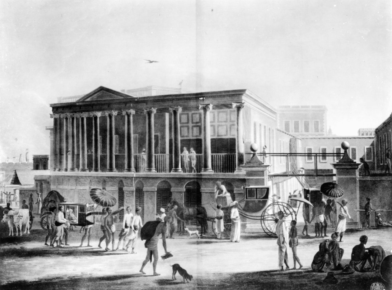 Veduta di una casa, manifattura e bazar a Calcutta, incisa da Francis Jukes, 1795 (acquatinta) da English School
